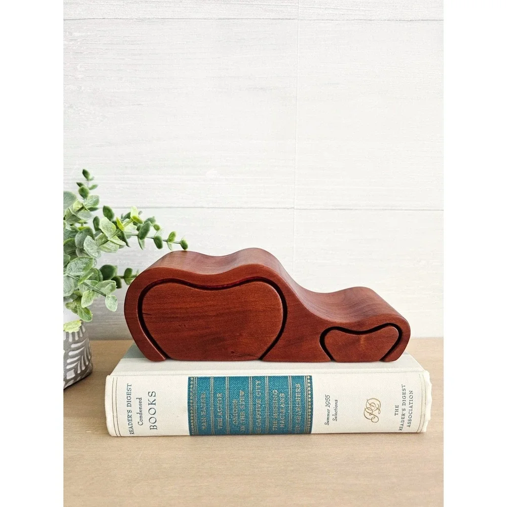 Handcrafted Wooden Jewelry Trinket Box, Sculpted Heart Design, and Two Drawers
